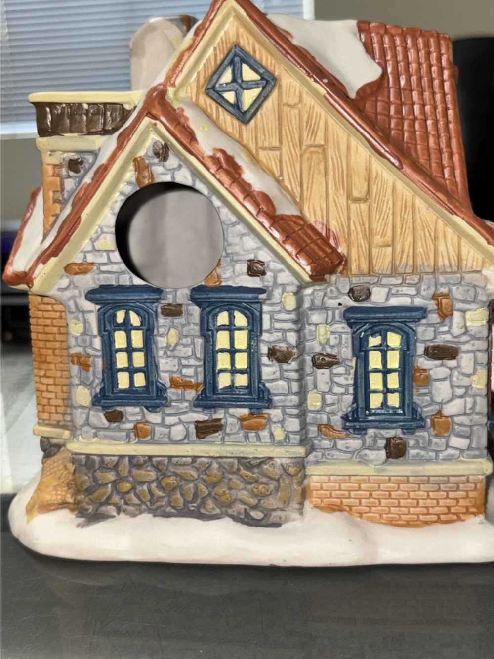 Ceramic Holiday Cottage Decor with Blue Window Accents